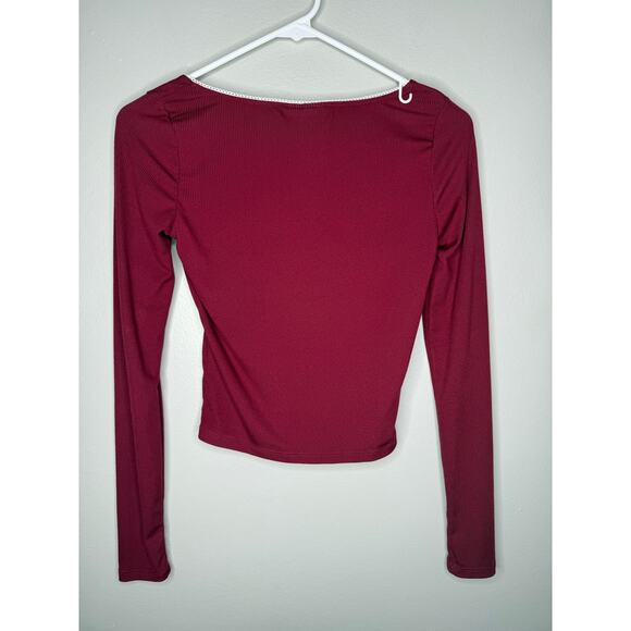 Just Polly New York Burgundy Ribbed Bow Detail Long Sleeve Top – Size Small - Picture 3 of 4